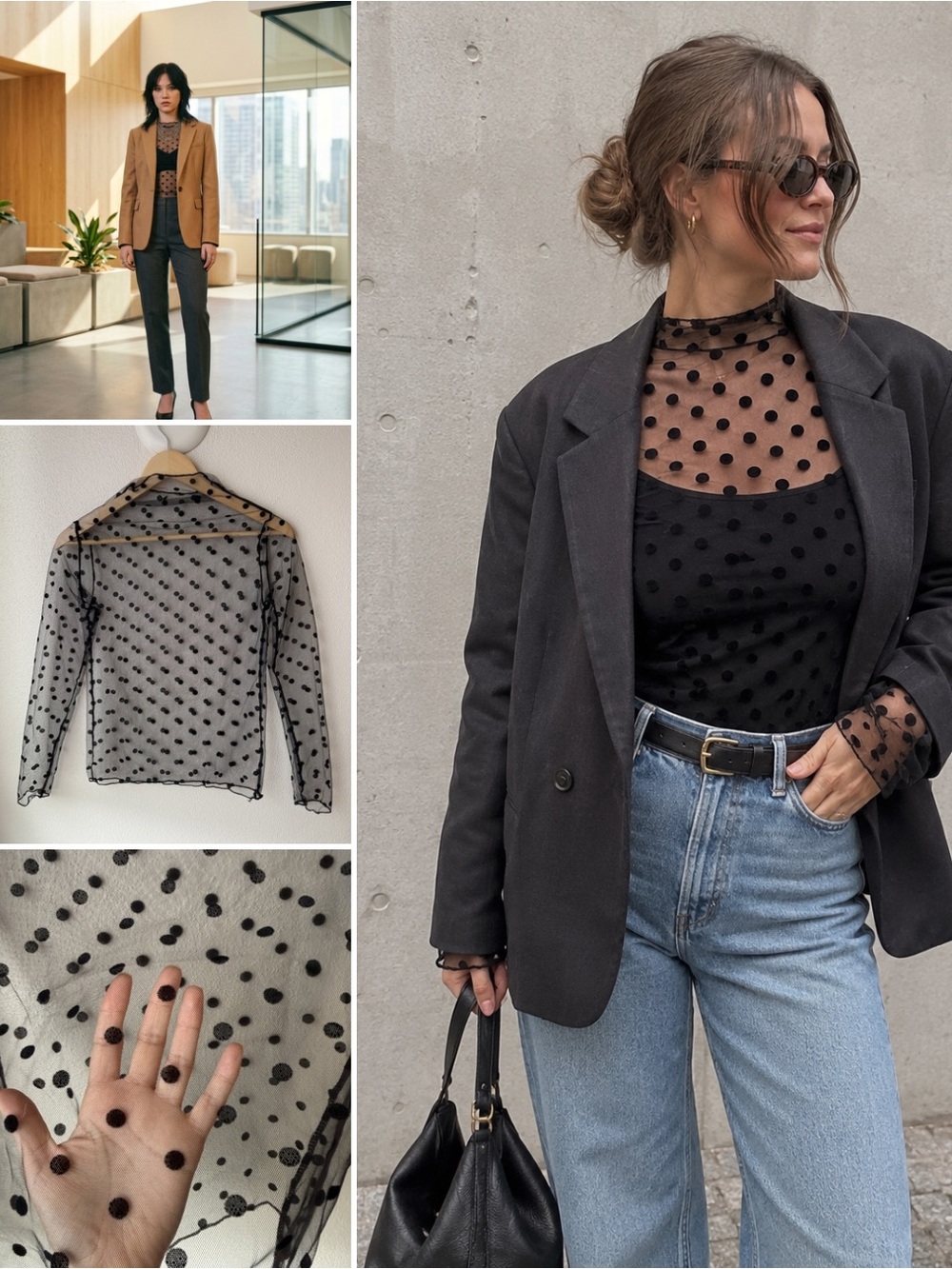 Sheer Polka Dot Mock Neck Top - Black